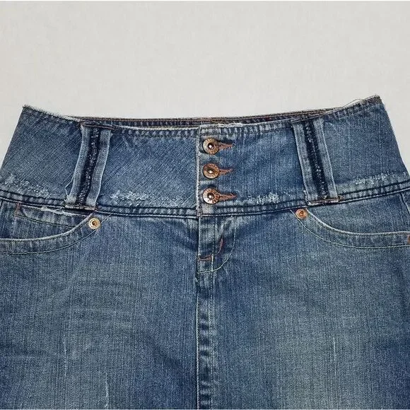 VINTAGE Y2K Bongo Distressed High Rise Stretchy Denim Mini Skirt Wide Belt Loops - Picture 5 of 12